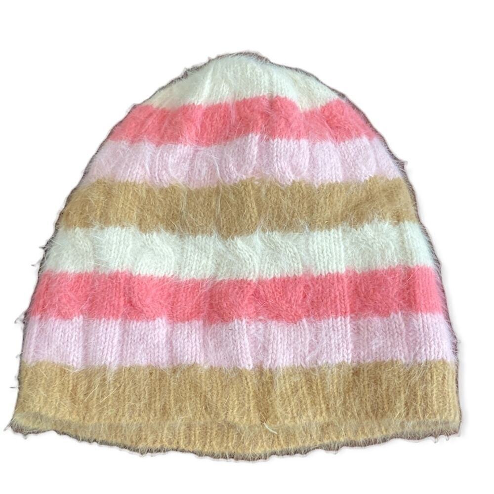 Angora Wool Blend Women’s Striped Beanie Hat O/S